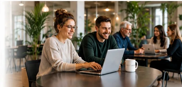 Gut gelaunte Menschen im Coworking Bereich